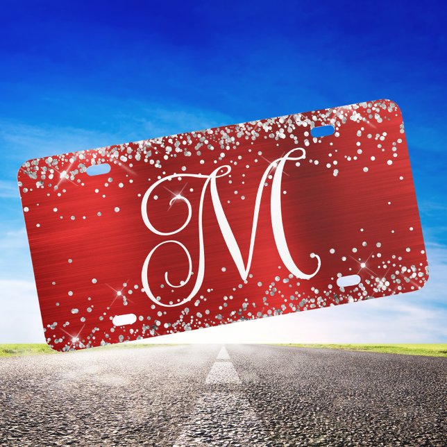 Silver Glitter Red Foil Monogrammed License Plate (Create Your Own Girly Monogrammed Decorative License Plate)