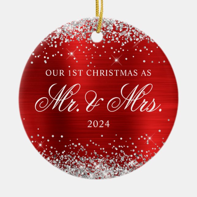 Silver Glitter Red Foil Our 1st Christmas Photo Ceramic Ornament (Front)