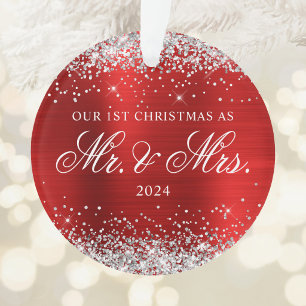 Silver Glitter Red Foil Our 1st Christmas Photo Ornament