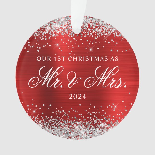 Silver Glitter Red Foil Our 1st Christmas Photo Ornament (Front)
