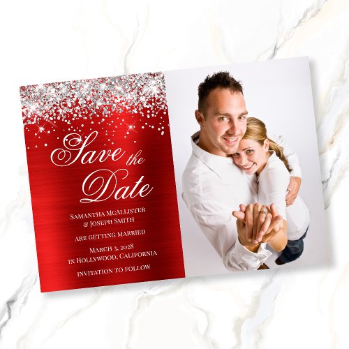 Silver Glitter Red Foil Photo Save The Date