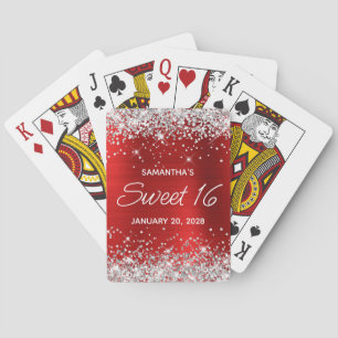 Silver Glitter Red Foil Sweet 16 Favor Poker Cards