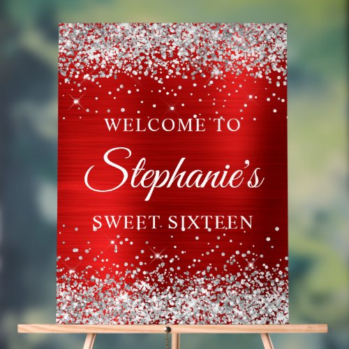 Silver Glitter Red Foil Sweet Sixteen Welcome Acrylic Sign