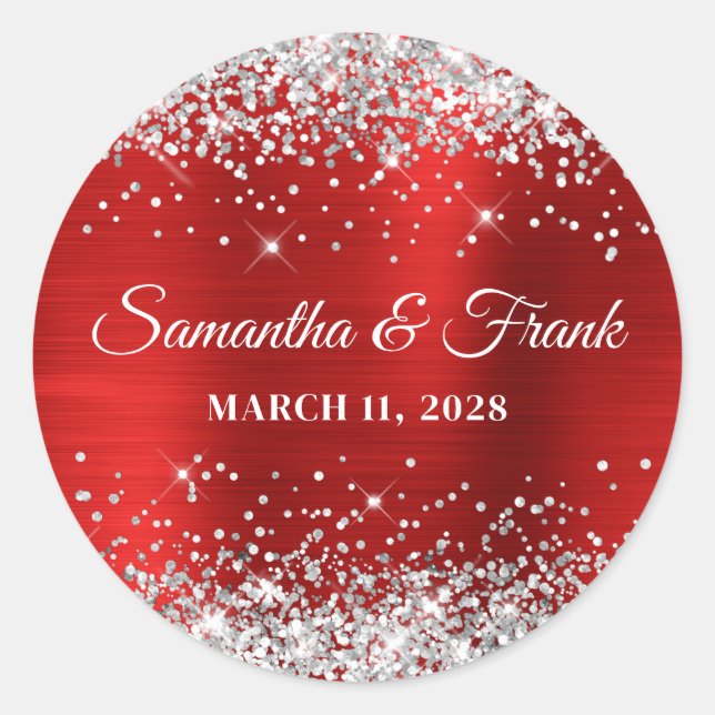 Silver Glitter Red Foil Wedding Classic Round Sticker (Front)