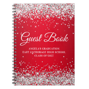 Silver Glitter Red Glam Gradient Graduation Guest Notebook