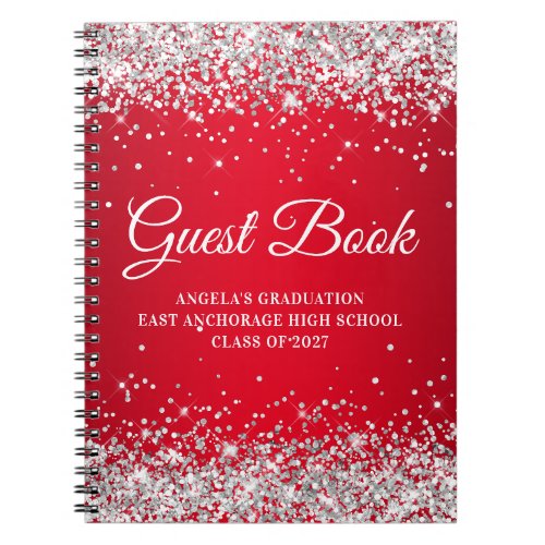 Silver Glitter Red Glam Gradient Graduation Guest Notebook