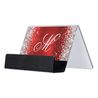 Silver Glitter Red Glam Monogrammed Desk Business Card Holder
