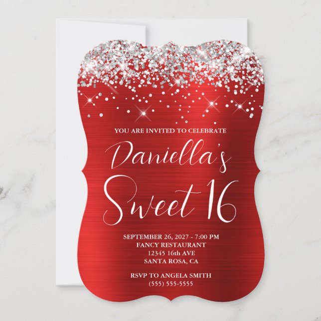 Silver Glitter Red Glam Sweet 16 Invitation (Front)