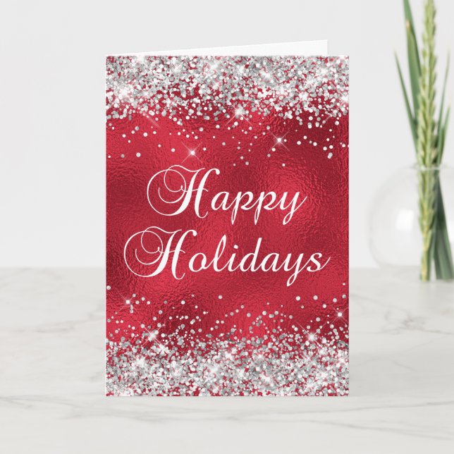 Silver Glitter Red Glass Foil Happy Holidays Card (Front)