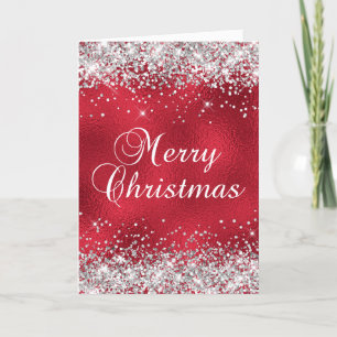 Silver Glitter Red Glass Foil Merry Christmas Card