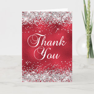 Silver Glitter Red Glass Foil Thank You Card