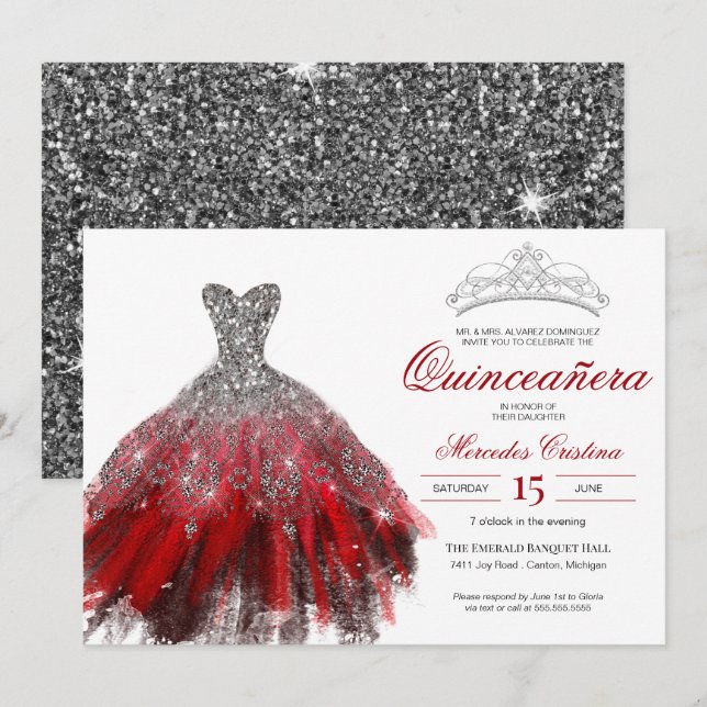 Silver Glitter Red Gown Elegant Quinceañera Invitation (Front/Back)