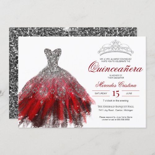 Silver Glitter Red Gown Elegant Quinceaera Invitation