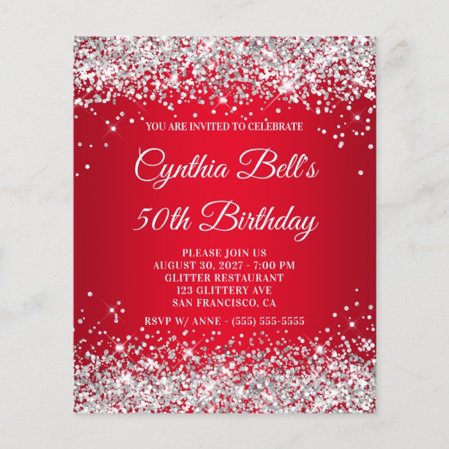 Silver Glitter Red Gradient 50th Birthday Invite (Front)