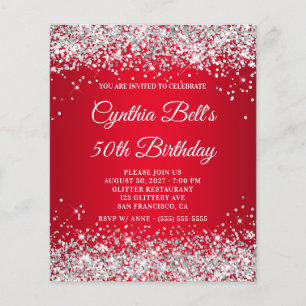 Silver Glitter Red Gradient 50th Birthday Invite