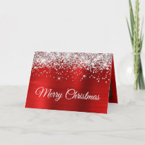 Silver Glitter Red Merry Christmas Family Photo Card