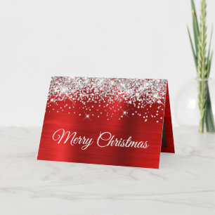 Silver Glitter Red Merry Christmas Family Photo Card