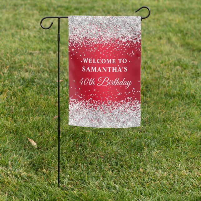 Silver Glitter Red Ombre 40th Birthday Garden Flag (In SItu)