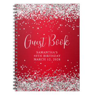 Silver Glitter Red Ombre 40th Birthday Guest Notebook