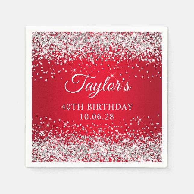Silver Glitter Red Ombre 40th Birthday Napkins (Front)