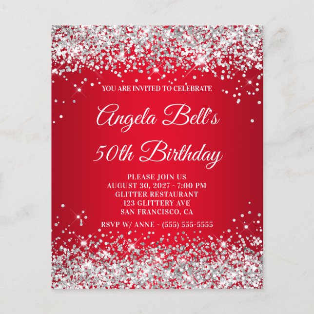 Silver Glitter Red Ombre 50th Birthday Invitation (Front)