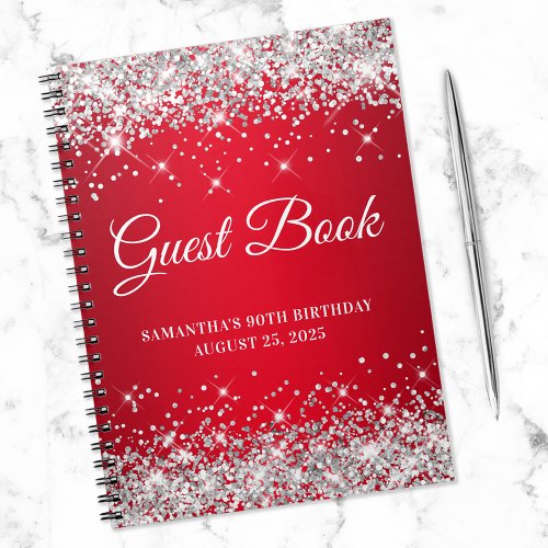 Silver Glitter Red Ombre 90th Birthday Guestbook Notebook