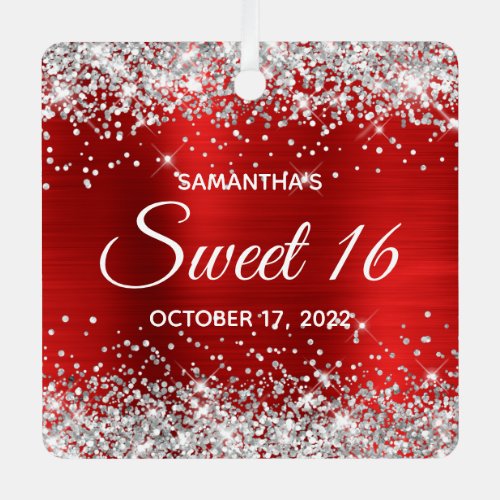 Silver Glitter Red Ombre Foil Sweet 16 Metal Ornament