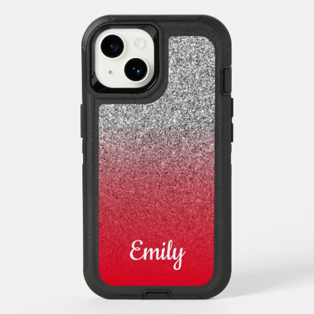 Silver Glitter Red Ombre Personalized Otterbox iPhone Case (Back)