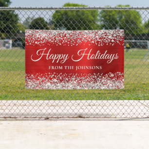 Silver Glitter Red Personalized Happy Holidays Banner
