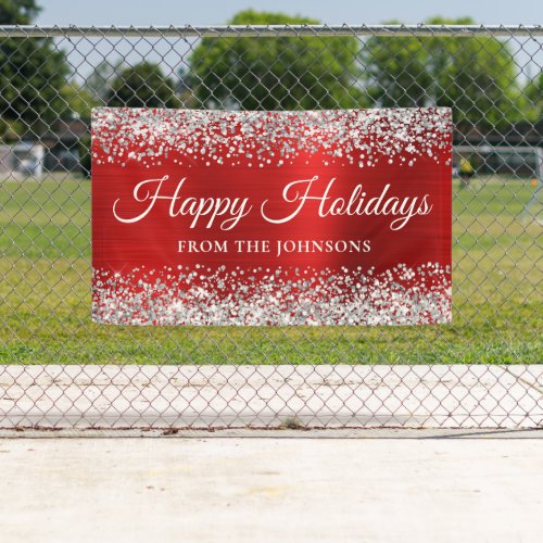 Silver Glitter Red Personalized Happy Holidays Banner