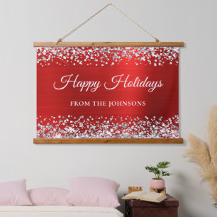 Silver Glitter Red Personalized Happy Holidays Hanging Tapestry