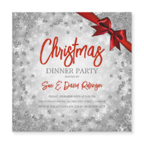 Silver Glitter Red Ribbon Christmas Invite