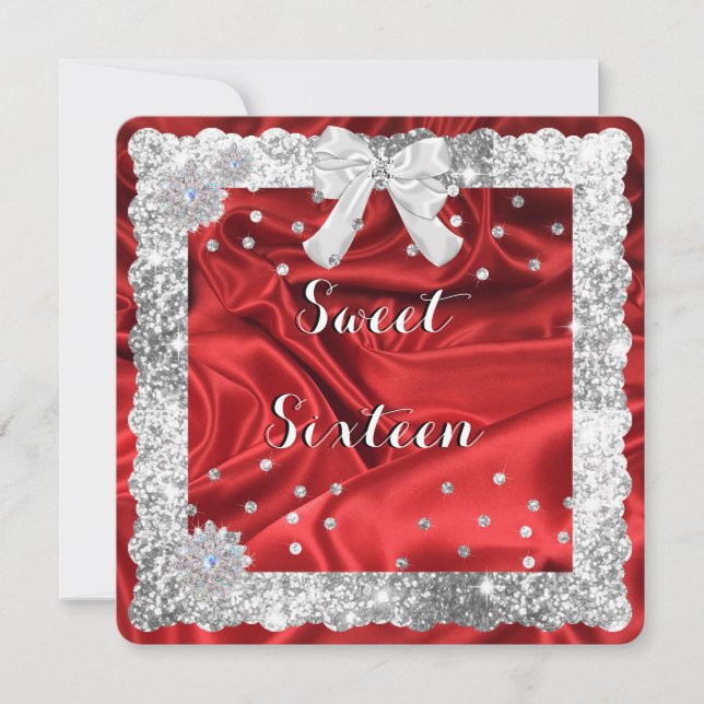 Silver Glitter, Red Satin Sweet Sixteen Invitation (Front)