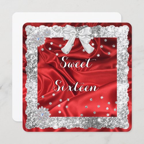 Silver Glitter Red Satin Sweet Sixteen Invitation