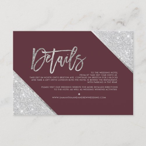 Silver glitter red script wedding direction enclosure card