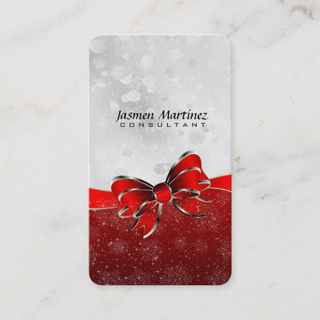 Silver Glitter & Red Sparkles And Bow Monogramed Business Card (Front)