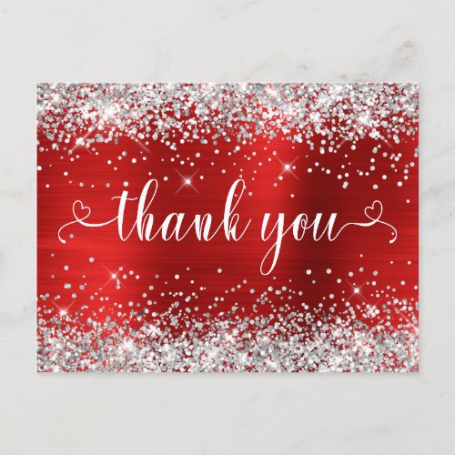 Silver Glitter Red Sweet 16 Hearts Thank You Postcard