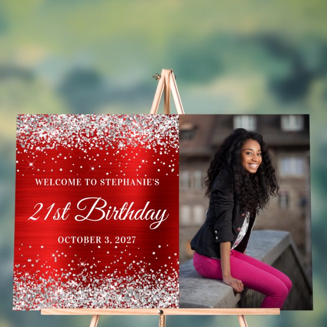 Silver Glitter Red Welcome 21st Birthday Acrylic Sign (Neutral)