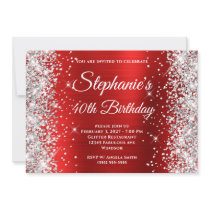 Silver Glitter Red White Monogram 40th Birthday Invitation