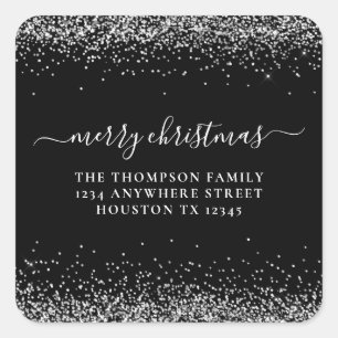 Silver Glitter Return Address Merry Xmas Black Square Sticker