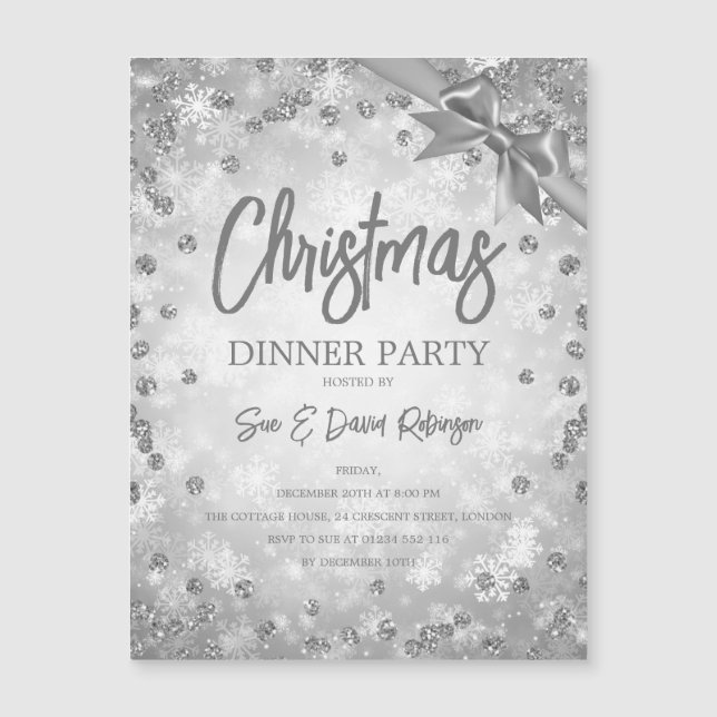 Silver Glitter Ribbon Christmas Holiday Invite (Front)