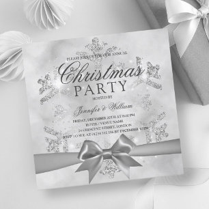 Silver Glitter & Ribbon Xmas Holiday Invitation