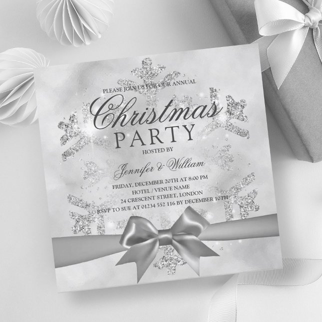 Silver Glitter & Ribbon | Xmas Holiday Invitation (Silver Glitter & Ribbon | Xmas Holiday Invitation)