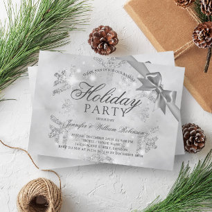 Silver Glitter & Ribbon   Xmas Holiday Invitation