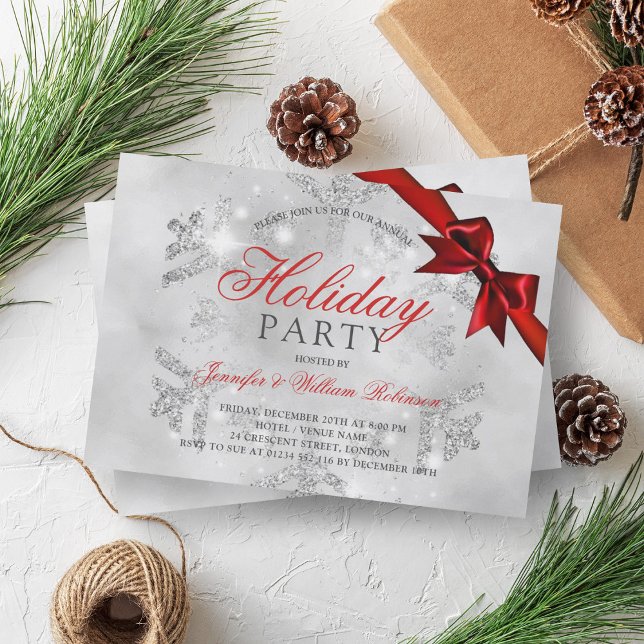 Silver Glitter & Ribbon | Xmas Holiday Red Invitation (Silver Glitter & Ribbon | Xmas Holiday Red Invitation)
