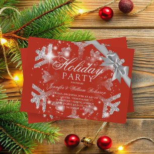 Silver Glitter & Ribbon   Xmas Holiday Red Invitation