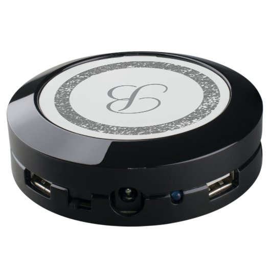 Silver Glitter Ring Custom Monogram USB Charging Station (Angled Back)