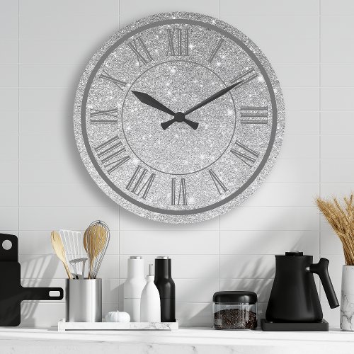 Silver Glitter Roman Numeral Sparkle Girly Large Clock