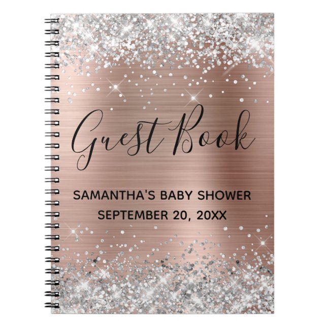 Silver Glitter Rose Gold Baby Shower Guestbook Notebook (Front)