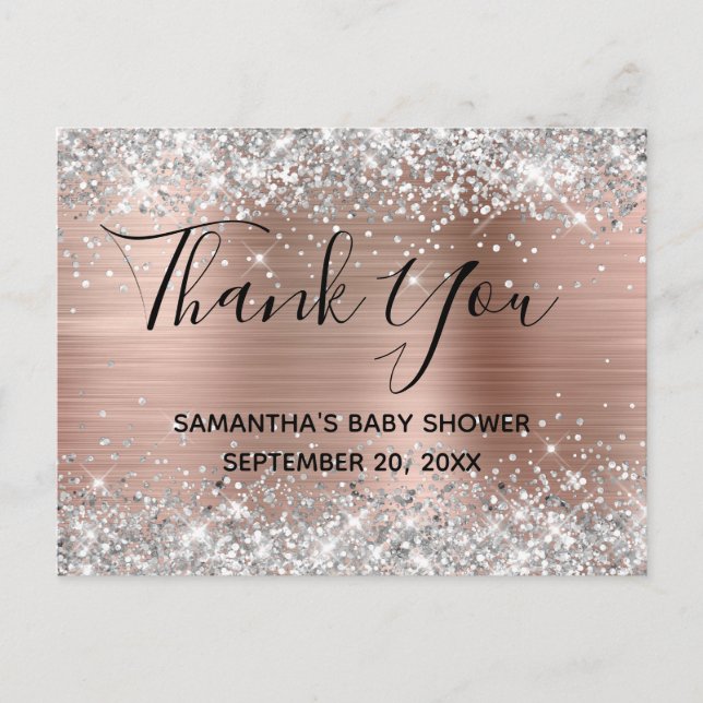 Silver Glitter Rose Gold Baby Shower Thank You Postcard (Front)